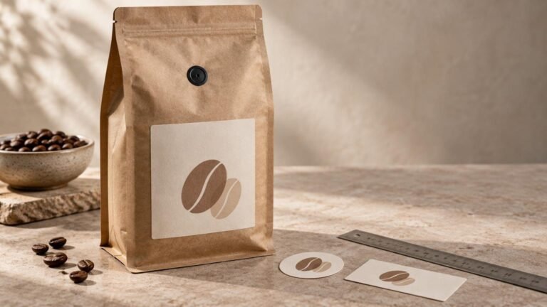 Kraft coffee bag with a black degassing valve and a plain coffee-bean graphic label, beside loose labels, a metal ruler, and coffee beans on a stone surface.