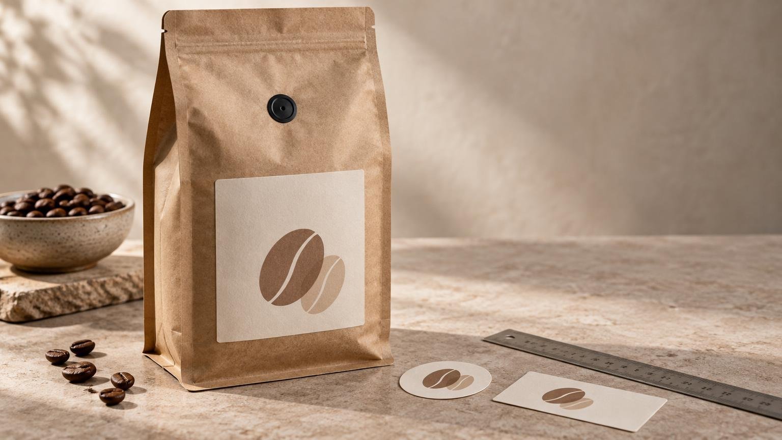 Kraft coffee bag with a black degassing valve and a plain coffee-bean graphic label, beside loose labels, a metal ruler, and coffee beans on a stone surface.