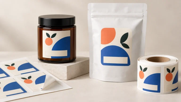 Studio product scene with a labeled amber jar, white resealable pouch, roll of labels, and partially peeled label sheets, all using matching abstract orange, blue, and green fruit-like artwork with blank information panels.