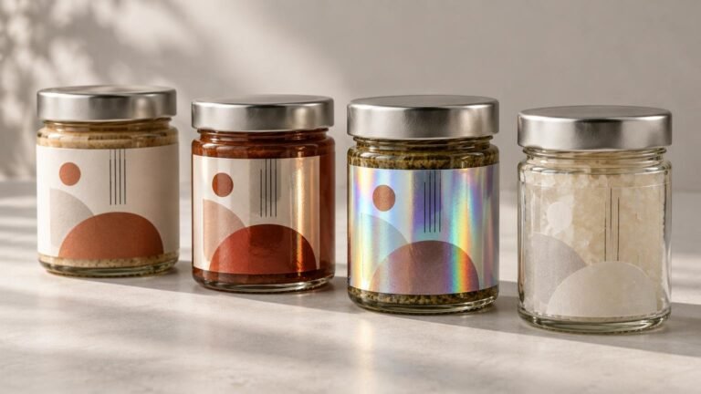 Four glass jars with silver lids shown side by side, each displaying the same abstract label design in matte, glossy, rainbow holographic, and translucent-looking finishes.