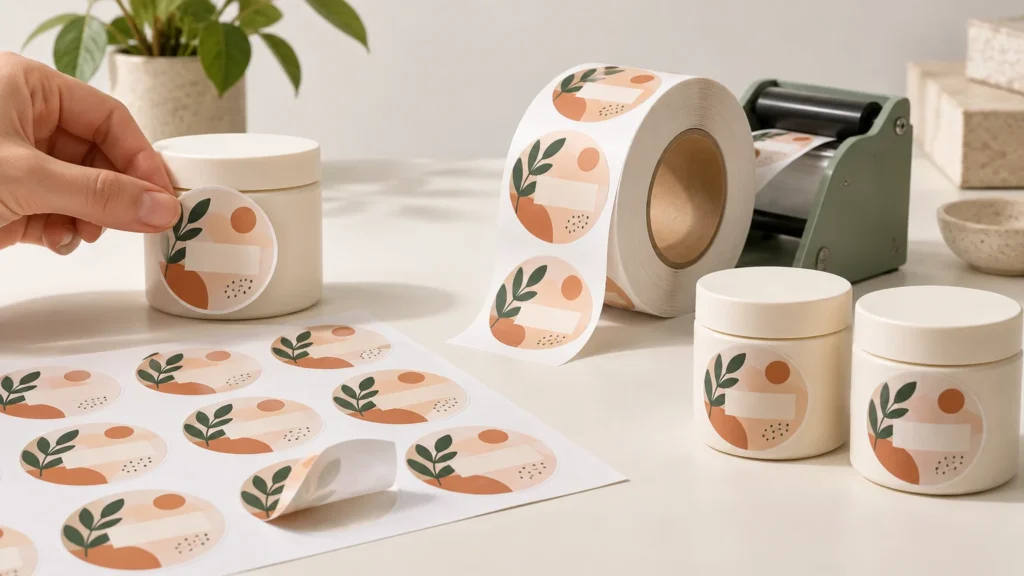 Studio product scene comparing circular labels on a sheet and a large roll, with a hand applying a botanical-pattern label to a plain cream jar beside a green label dispenser and matching jars.