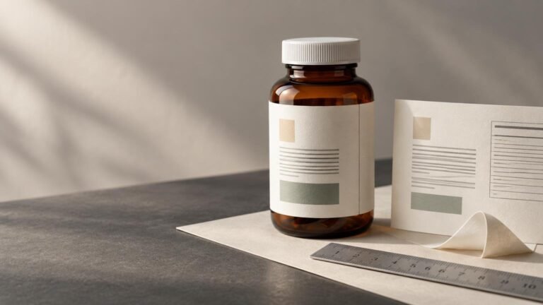 Amber supplement bottle with a blank wrap label beside a folded label proof and metal ruler on a textured tabletop, lit by soft side light.