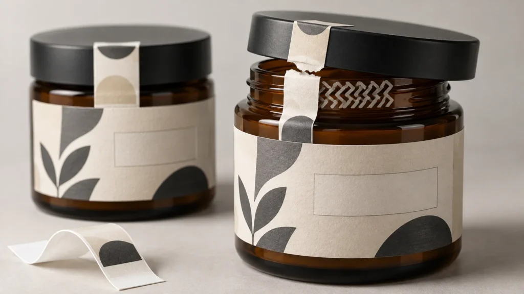 Studio product image of two unbranded amber glass jars with black lids and cream botanical labels; the front jar is open with a torn lid-to-jar seal and a white chevron pattern exposed around its neck.