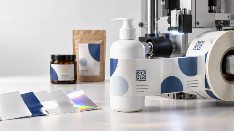 Studio scene of a labeling machine feeding a roll of blue-and-white labels around a white pump bottle, with generic jar and pouch packaging and glossy, clear, and holographic label material samples on the table.
