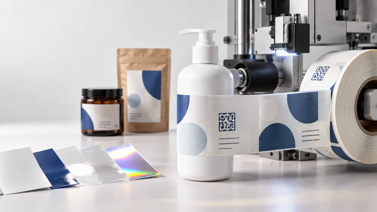 Studio scene of a labeling machine feeding a roll of blue-and-white labels around a white pump bottle, with generic jar and pouch packaging and glossy, clear, and holographic label material samples on the table.