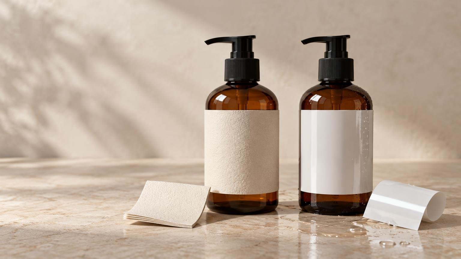 Two amber pump bottles with contrasting blank labels—a textured cream paper label and a glossy white film label—beside loose label samples on a wet stone surface.