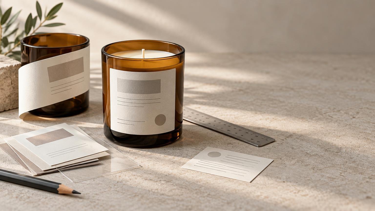 Two amber glass candles with blank cream labels sit beside loose label samples, a metal ruler, and a pencil on a sunlit textured work surface.