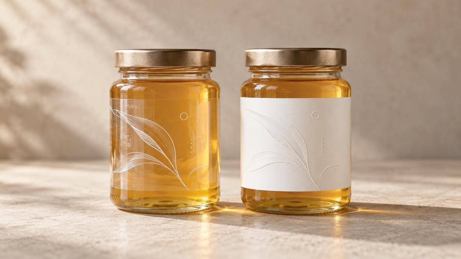 Two amber-filled glass jars with gold lids sit on a softly lit stone surface; the left jar has a clear label with white leaf line art, while the right has an opaque white label with a similar leaf design.