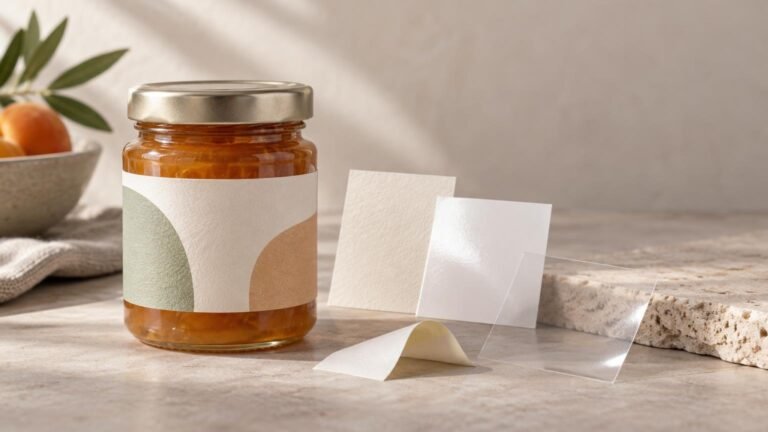 Studio still life of a glass jar of orange preserves with a matte gold lid and a minimalist blank paper label, surrounded by upright textured label stock, a glossy white sample card, and a curled transparent film sheet on a stone surface.