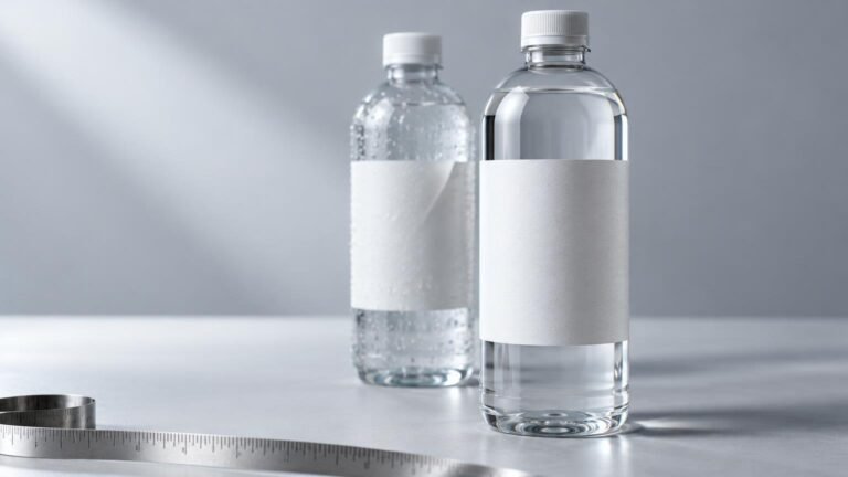 Two clear plastic water bottles with white blank wraparound labels on a gray studio surface; the rear bottle is covered in condensation, and a metal ruler lies in the foreground.