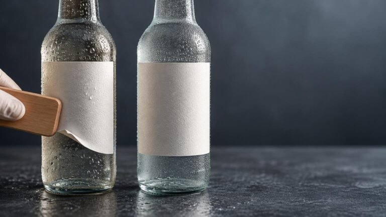 Close-up of two condensation-covered glass bottles with blank white labels; a gloved hand uses a wooden applicator on a label lifting from the wet left bottle.