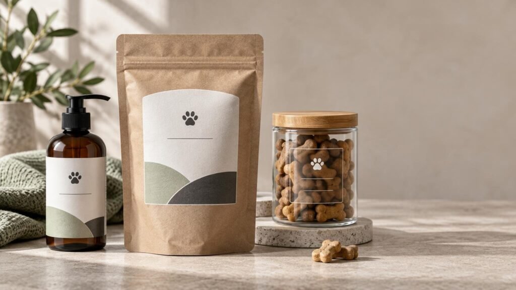 Studio still life of pet-product packaging: an amber pump bottle, a kraft resealable treat pouch, and a clear glass jar of bone-shaped treats, each with minimalist pale labels featuring paw-print symbols, arranged on a stone surface in warm directional light.