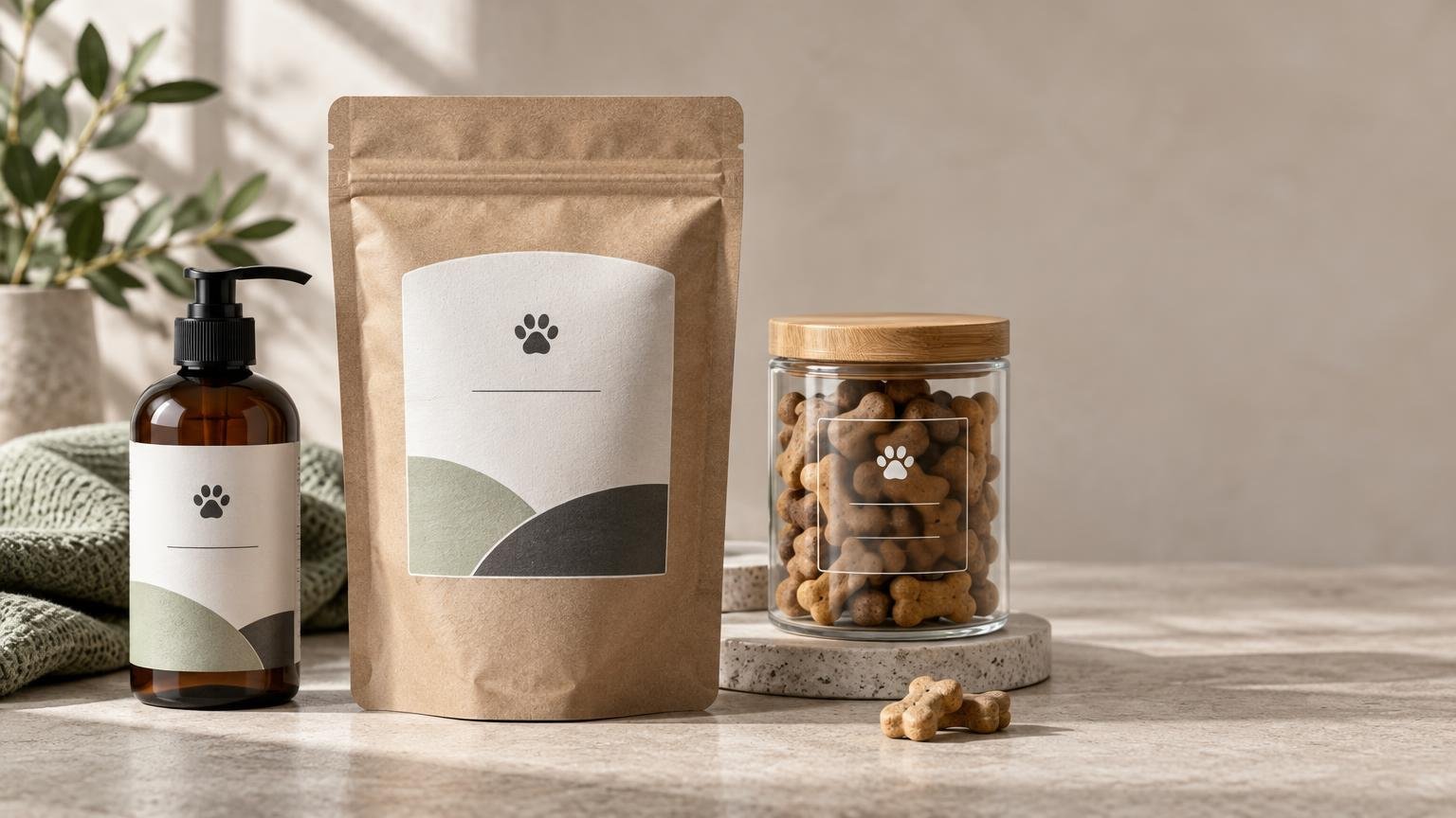 Studio still life of pet-product packaging: an amber pump bottle, a kraft resealable treat pouch, and a clear glass jar of bone-shaped treats, each with minimalist pale labels featuring paw-print symbols, arranged on a stone surface in warm directional light.