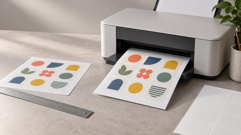 Desktop printer feeding a sheet of colorful geometric label proofs, beside a metal ruler, another printed proof sheet, and blank white label sheets on a gray work surface.