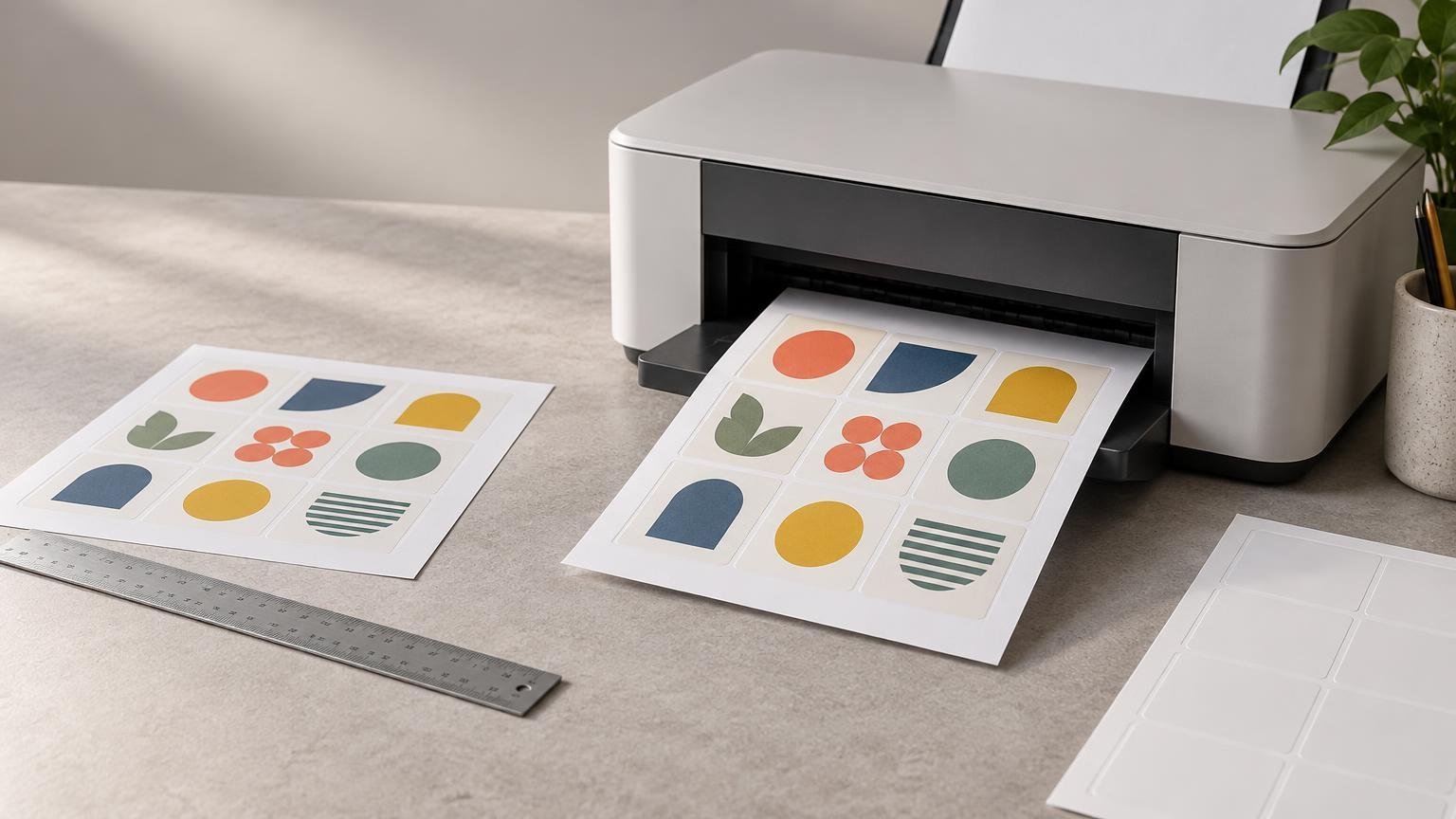Desktop printer feeding a sheet of colorful geometric label proofs, beside a metal ruler, another printed proof sheet, and blank white label sheets on a gray work surface.