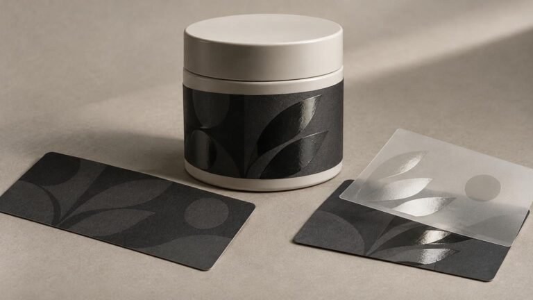 Studio still life of a matte white cosmetic jar with a dark botanical-pattern label, surrounded by dark printed label samples and a translucent sheet showing glossy leaf-shaped areas.