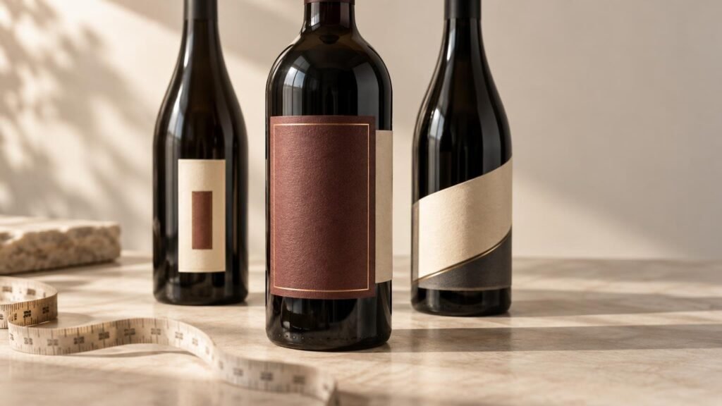 Three dark glass wine bottles on a sunlit work surface, each showing a different blank paper label treatment; a flexible measuring tape lies in the foreground beside textured label materials.