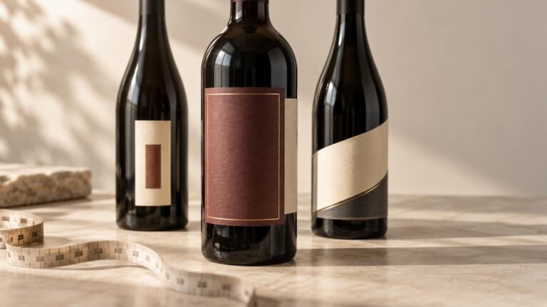 Three dark glass wine bottles on a sunlit work surface, each showing a different blank paper label treatment; a flexible measuring tape lies in the foreground beside textured label materials.