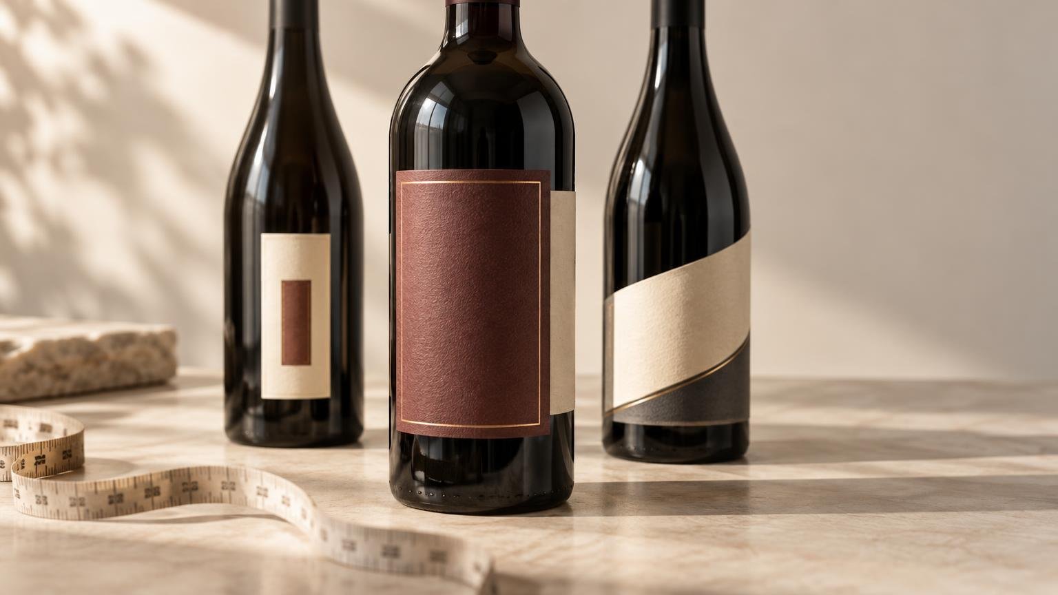 Three dark glass wine bottles on a sunlit work surface, each showing a different blank paper label treatment; a flexible measuring tape lies in the foreground beside textured label materials.